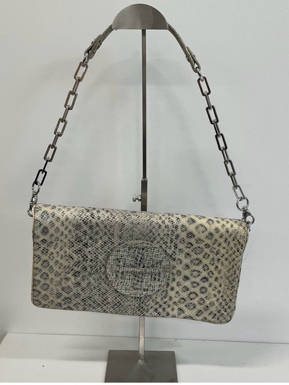 Tory Burch Metallic Silver Snakeskin-Print Shoulder Clutch